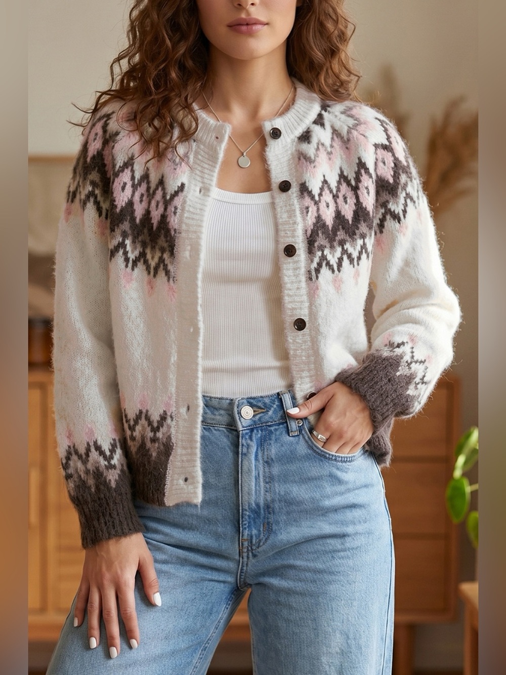 Geometric Pattern Brushed Knit Button Cardigan - Picture 6 of 14